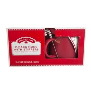Holiday Time 2 Pack Red Mugs with Candy Cane Metal Stirrers 16 oz